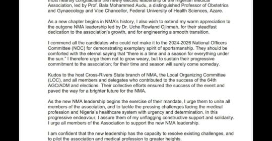 Dr. Enabulele, Immediate Past President of WMA Congratulates New NMA Leadership